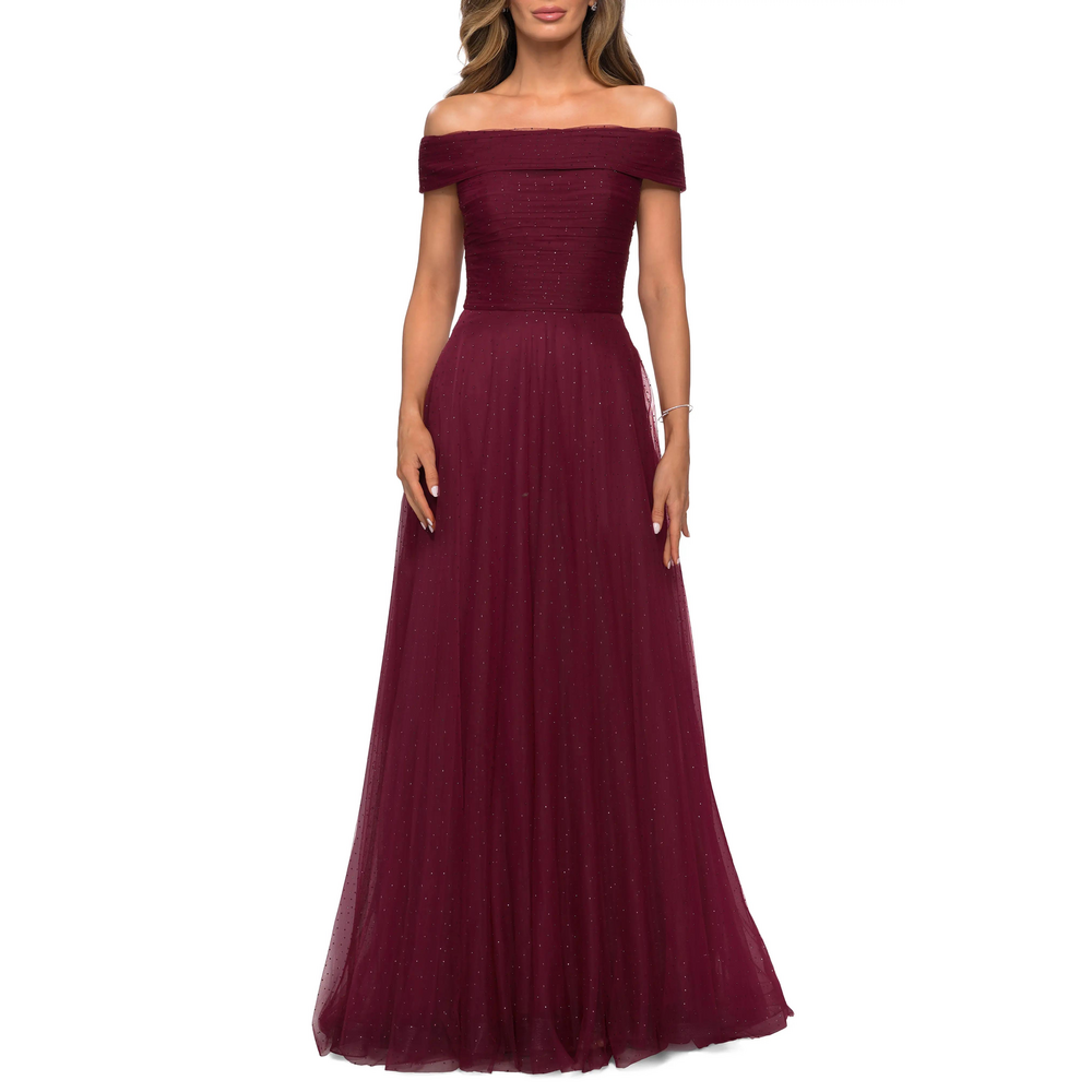 La Femme Embellished Off the Shoulder Mesh Gown in Red